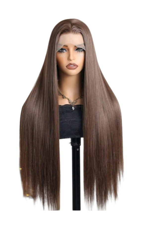 28 Inches Long Brown Natural Straight Lace Front  Luxury Wig (Heat Resistant Human Blend)