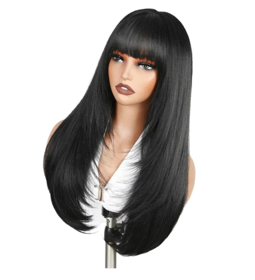 24 Inches Glueless Black Luxury Wig with Bangs (Heat Resistant Human Blend)