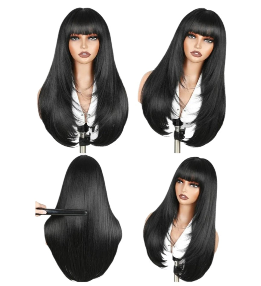 24 Inches Glueless Black Luxury Wig with Bangs (Heat Resistant Human Blend)