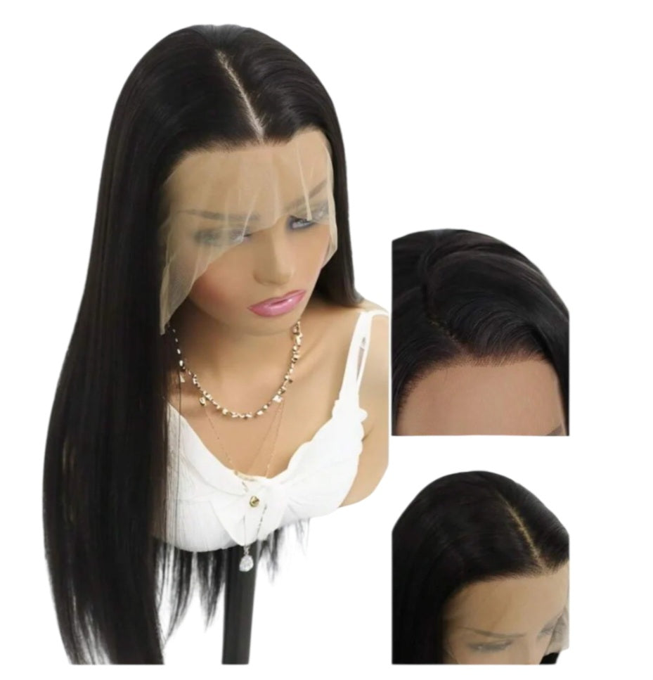 24 Inches Straight Black Glueless Luxury Wig (Heat Resistant Human Blend)