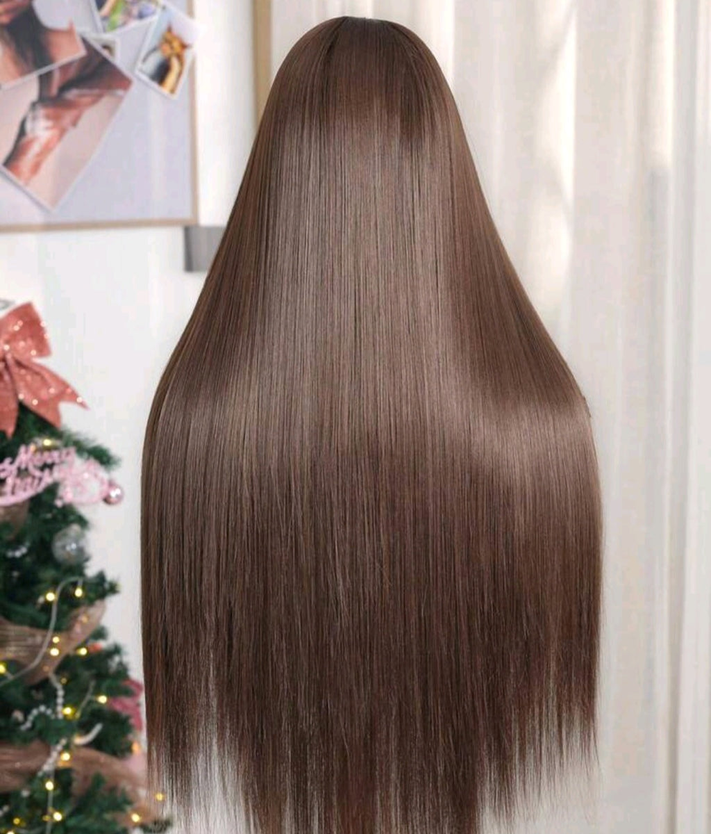 28 Inches Long Brown Natural Straight Lace Front  Luxury Wig (Heat Resistant Human Blend)