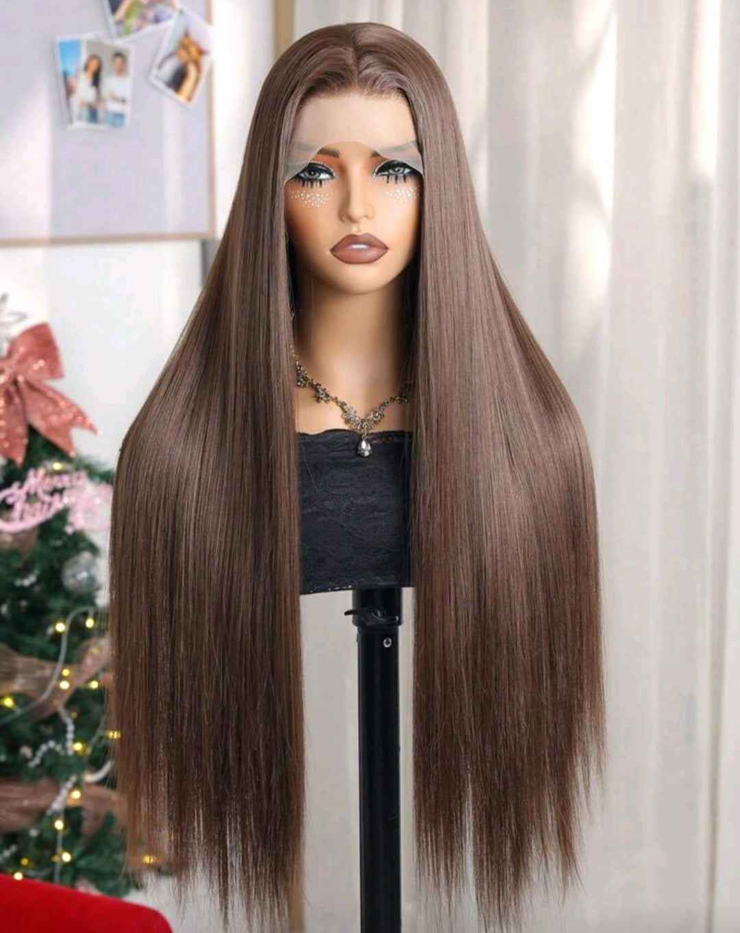 28 Inches Long Brown Natural Straight Lace Front  Luxury Wig (Heat Resistant Human Blend)
